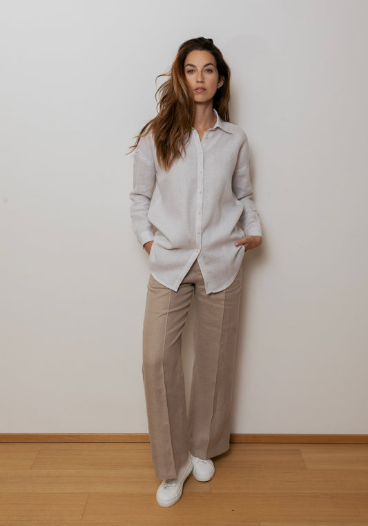Dámska ľanová košeľa s golierom loose fit - Pearl gray