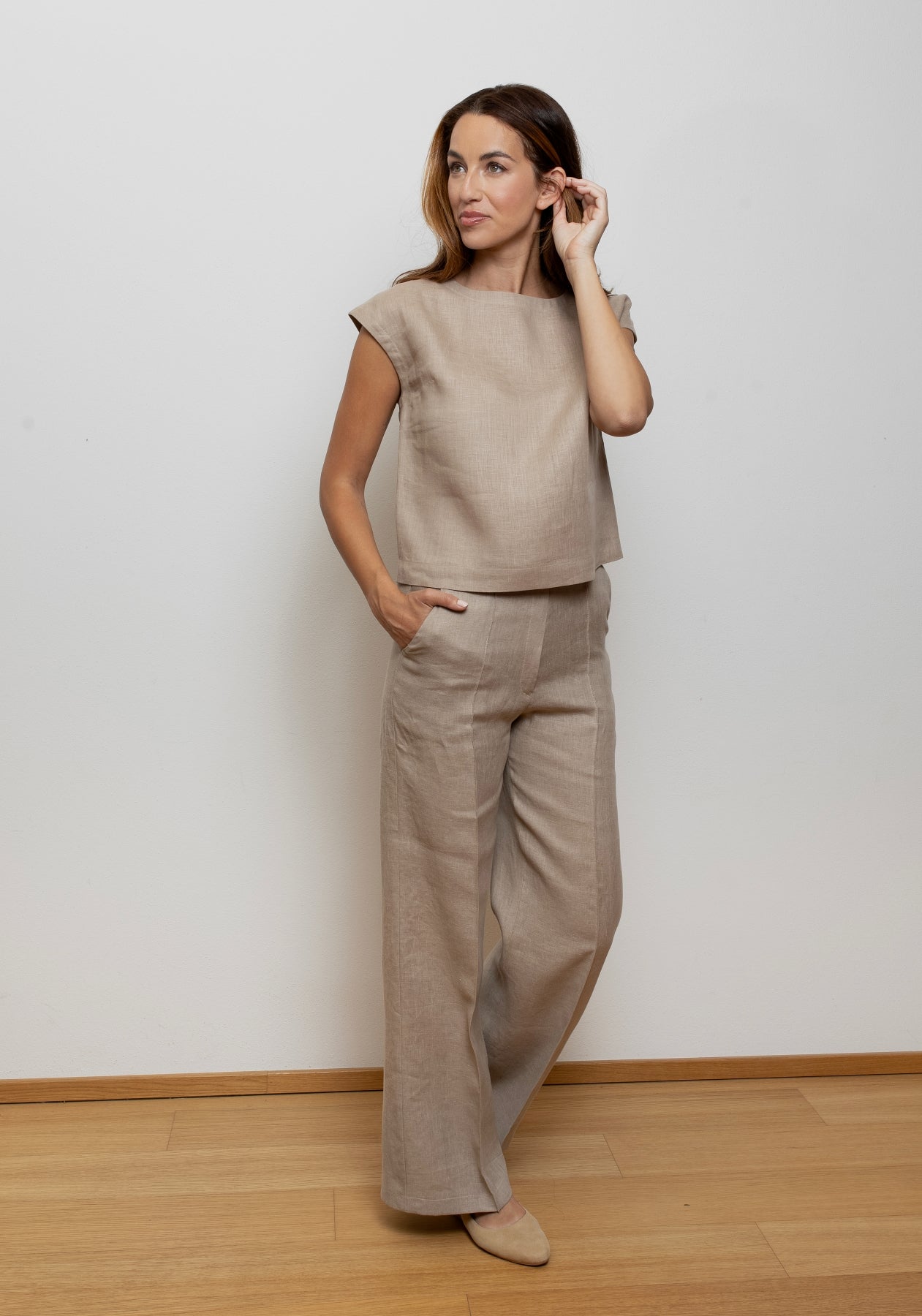 Dámské lněné tričko regular - Beige Natural