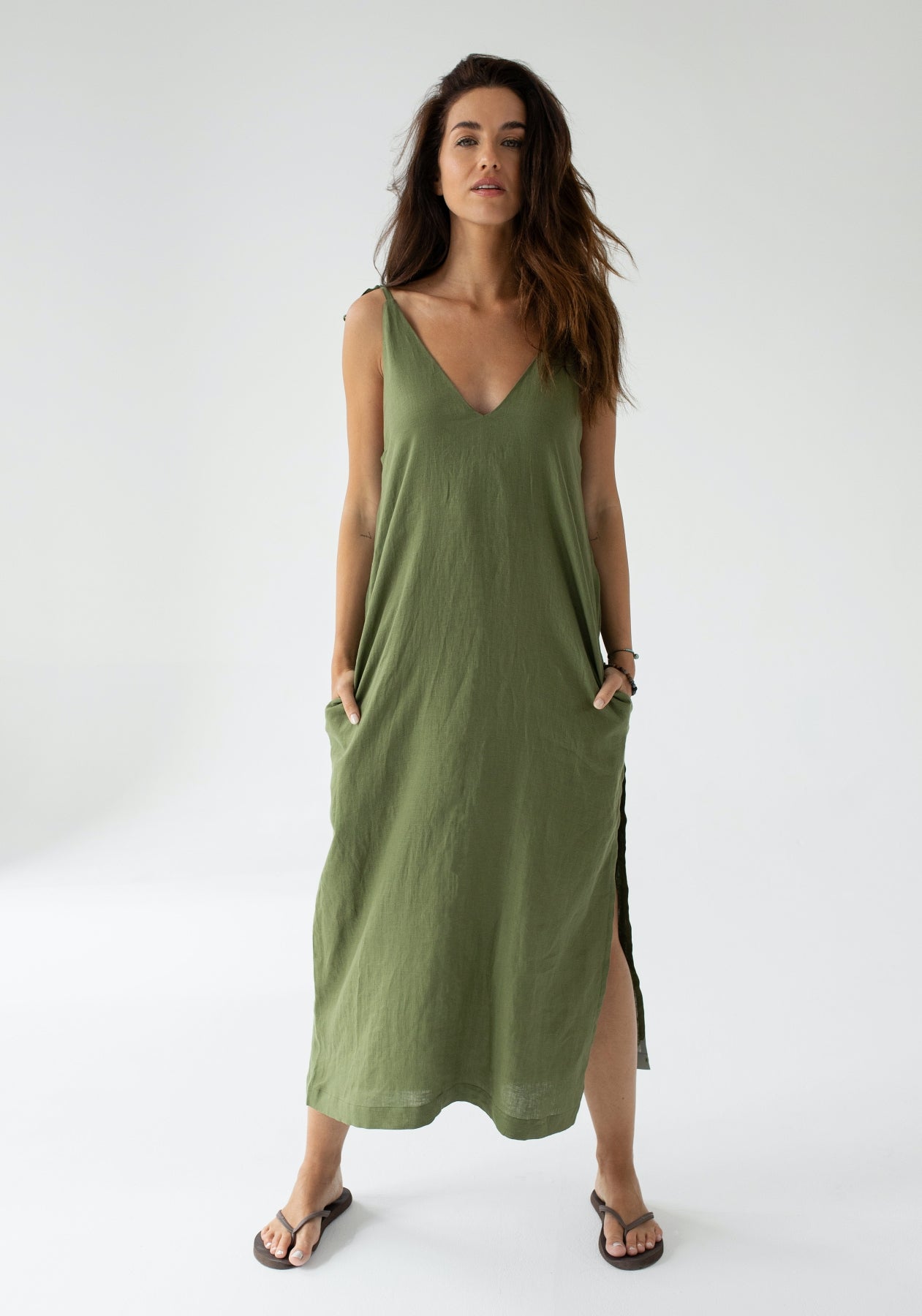 Dámské lněné šaty long loose fit Moss green