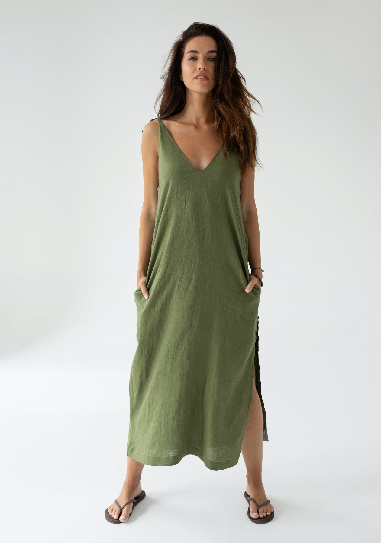 Dámske ľanové šaty long loose fit Moss green