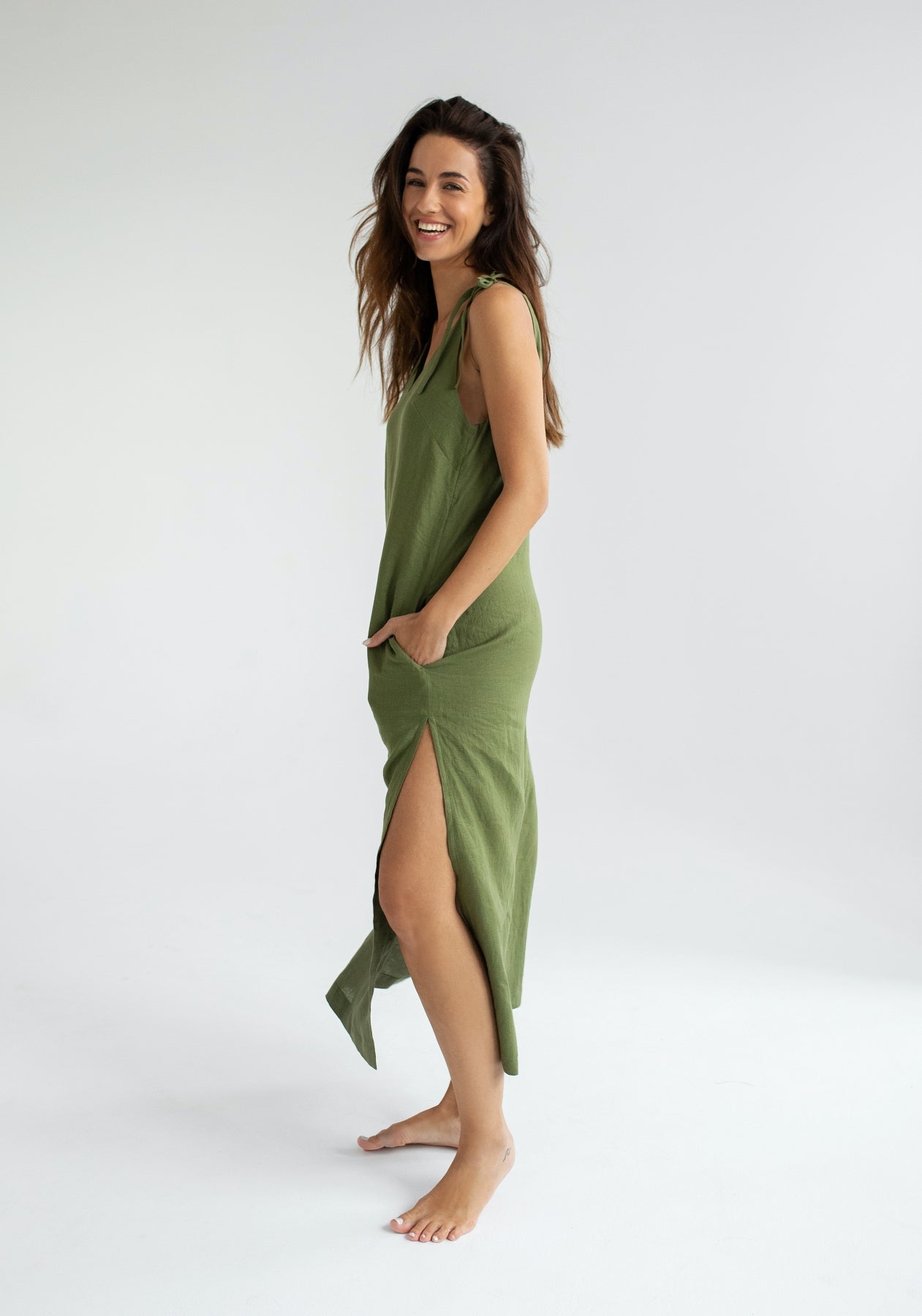 Women linen dress long loose fit Moss green