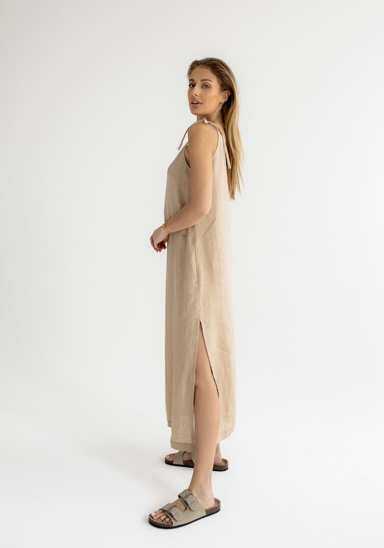 Women linen dress long loose fit Beige natural