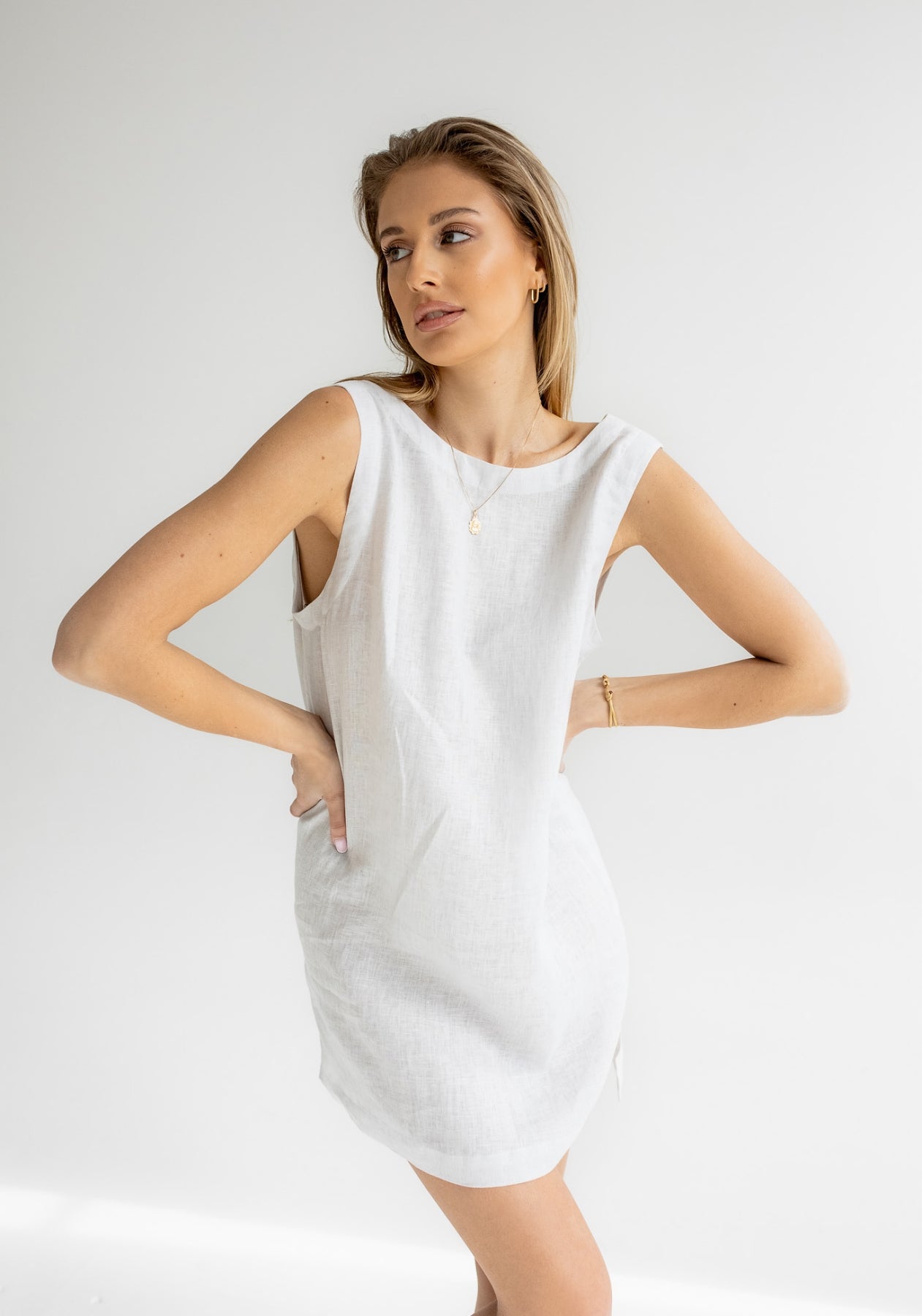 Women linen dress short regular fit Pearl gray