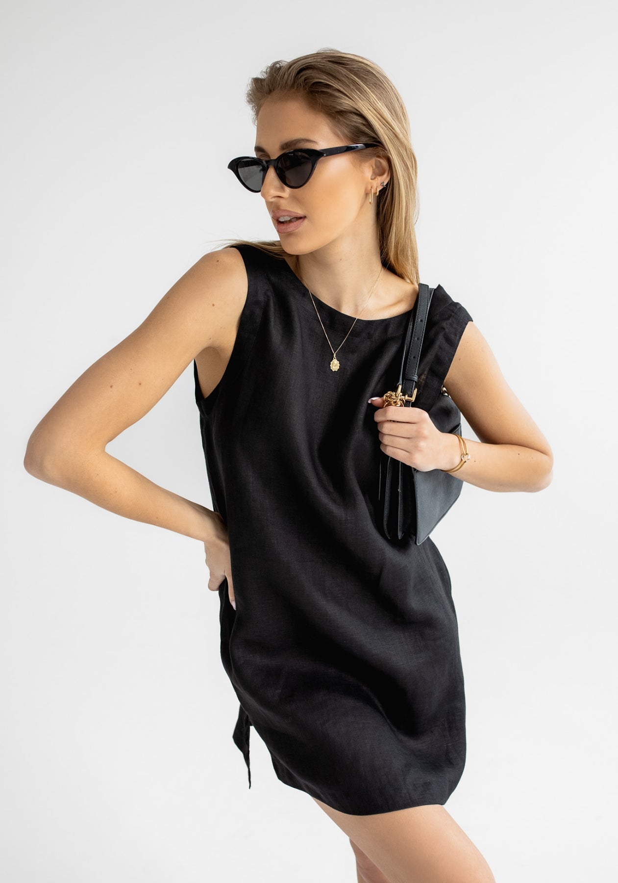 Women linen dress short regular fit Black