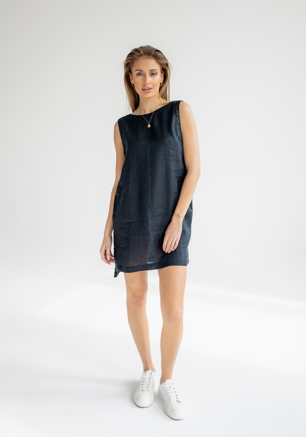 Dámské lněné šaty short regular fit Deep blue