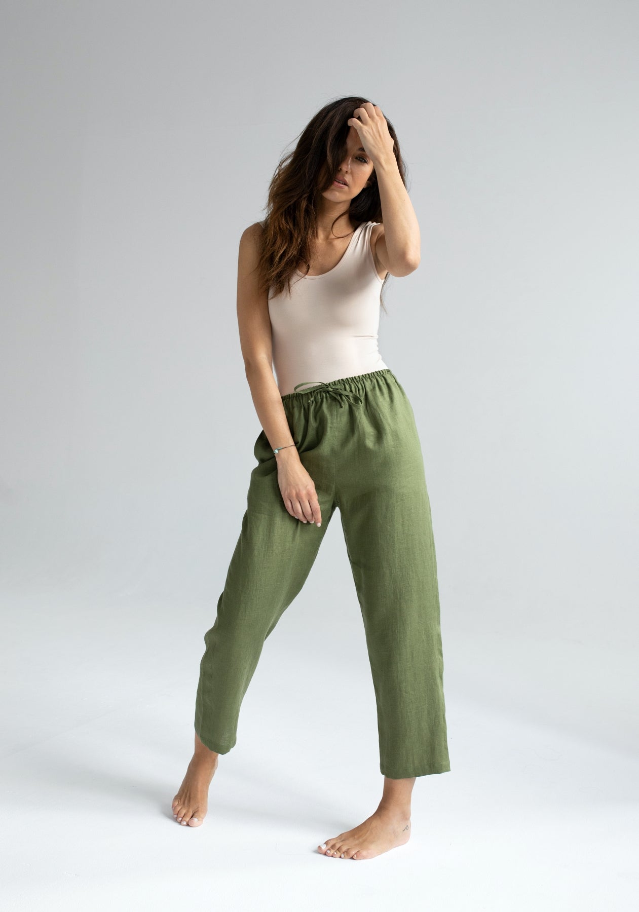 Women linen pants Moss green