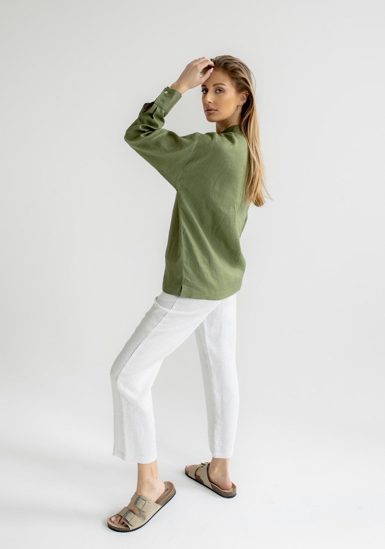 Women linen shirt regular fit Moss green