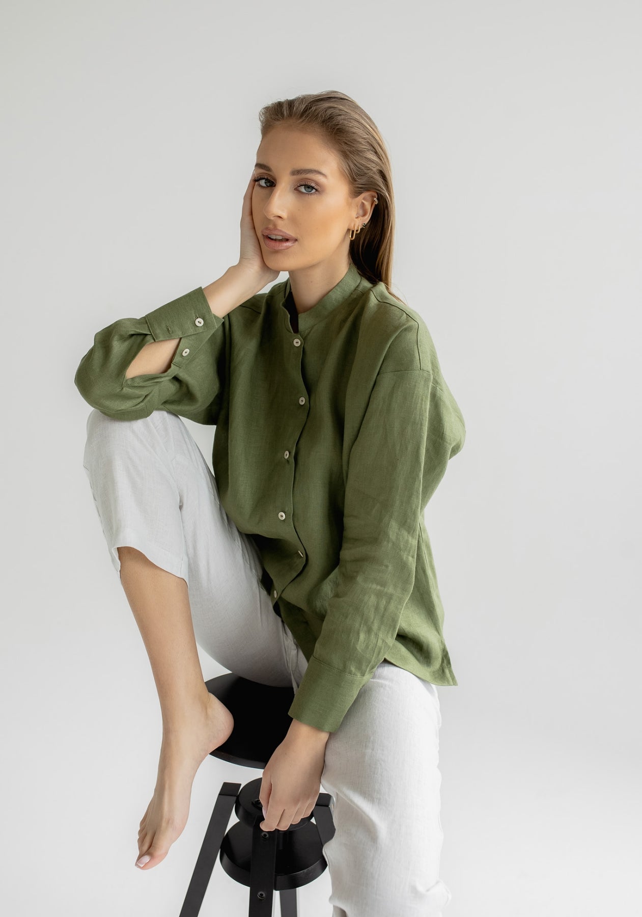 Women linen shirt regular fit Moss green